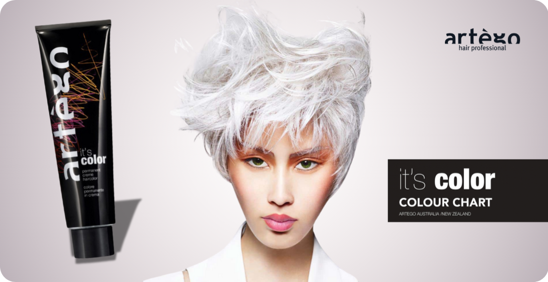 “Artègo ‘It’s Color’ advertisement showcasing a tube of permanent hair color and a model with bold, textured white hair. The tagline reads ‘It’s Color Colour Chart,’ with the Artègo logo in the top right corner.”